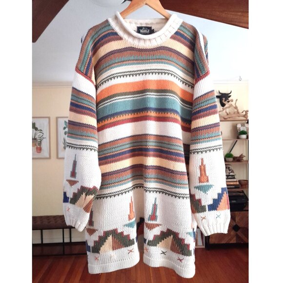 Vintage Oversized Heavy Knitted Aztec Print Woolrich Cotton Sweater Women's L - Picture 1 of 6